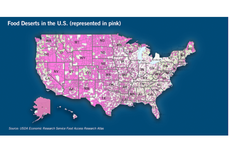 USDA Food Access Research Atlas — food deserts shown in pink